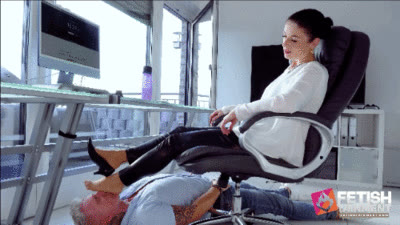 FETISHTAINMENT Femdom & Fetish - Im the boss and he has to lick my nylon socks under the desk!