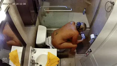 Voyeur House - Blonde hair potty red thongs